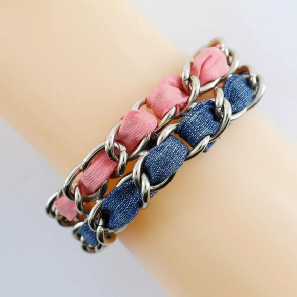 CHANEL COCO Mark Bracelet Chain 2 Silver/Blue / pink metallic/denim 53g Women - Picture 1 of 5